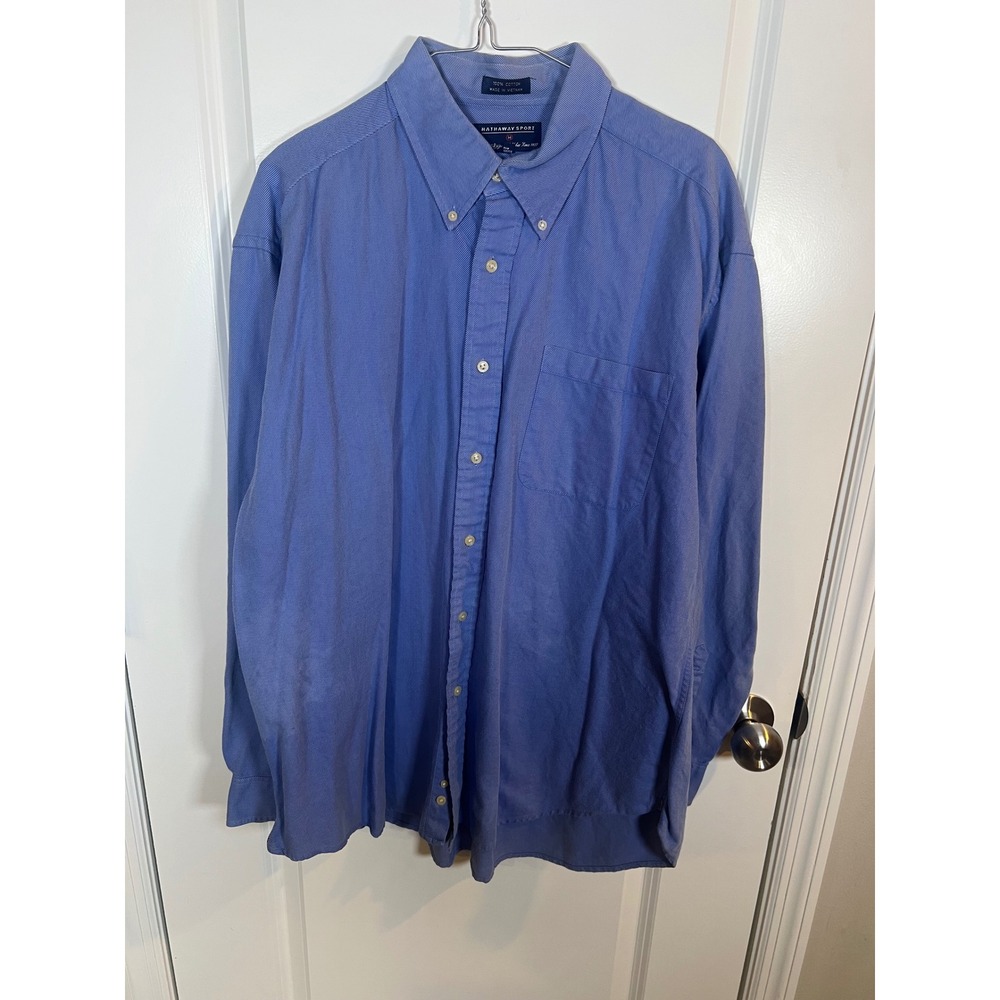 Hathaway Sport Mens Button Down Shirt Blue White‎ Stripe Cotton XL